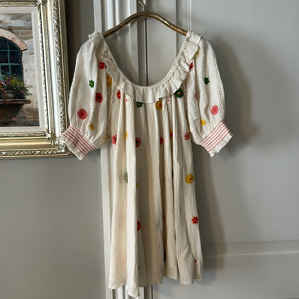 Cleobella Cream Peasant Dress with Red, Yellow & Green Floral Embroidery
